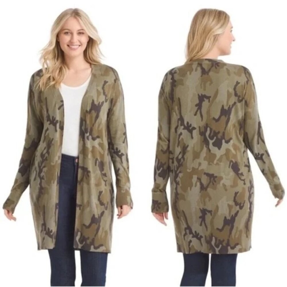 Sanctuary Lenox Longline Camo Cardigan Sweater Womens XS Knit Green Cotton Blend